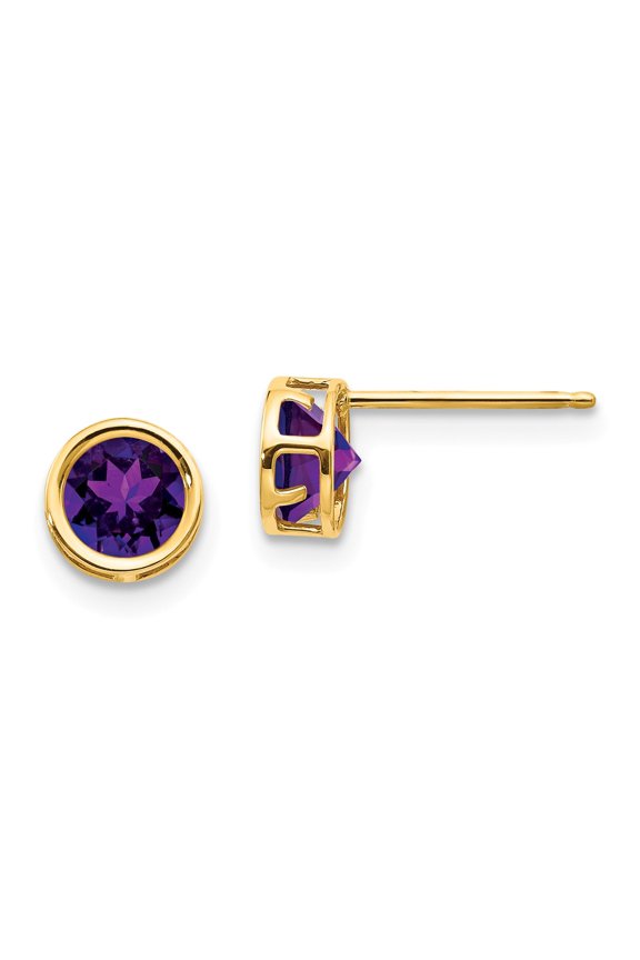 14K Yellow Gold Earring Birthstone (02) February Women'S Amethyst Round Purple 5 mm