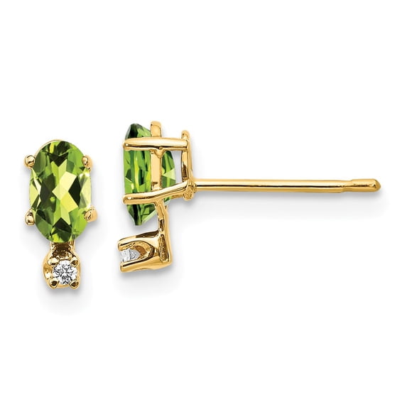 14K Yellow Gold Earring Birthstone (08) August Women'S Peridot Oval Green Diamond Round 7 mm 3