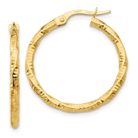 14K Yellow Gold Earring Hoop Women'S 25 mm 2 Polished And Textured Earrings