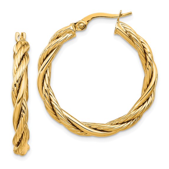 14K Yellow Gold Earring Hoop Women'S 28 mm 27 Polished Twisted Earrings