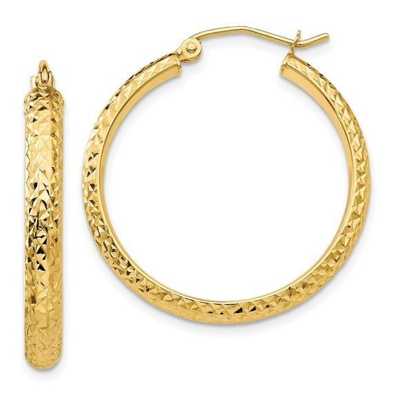 14K Yellow Gold Earring Hoop Women'S 28 mm Diamond-Cut 3.5X28Mm Hollow Earrings