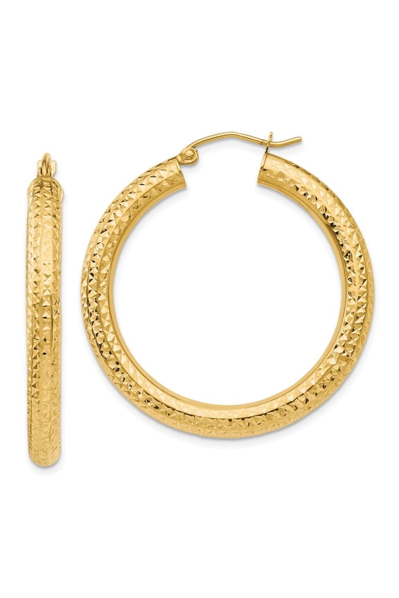 14K Yellow Gold Earring Hoop Women'S 35 mm Diamond-Cut 4Mm Round Earrings