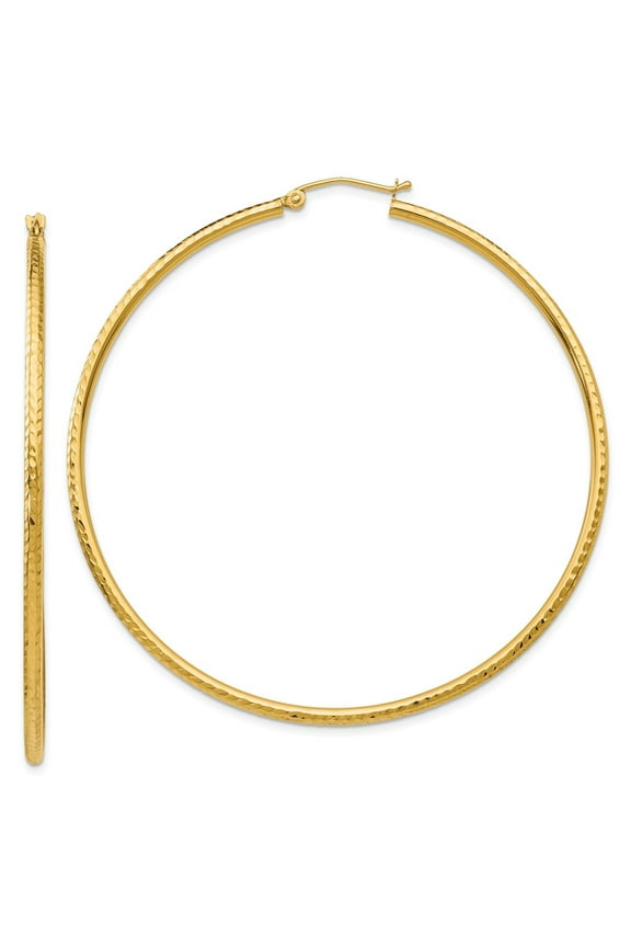 14K Yellow Gold Earring Hoop Women'S 60 mm Diamond-Cut 2Mm Round Tube Earrings