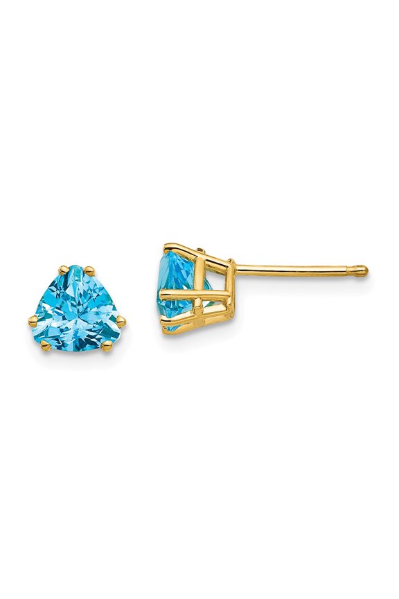 14K Yellow Gold Earring Stud Women'S Swiss Blue Topaz Center Stone Mounting Trillion 6 mm