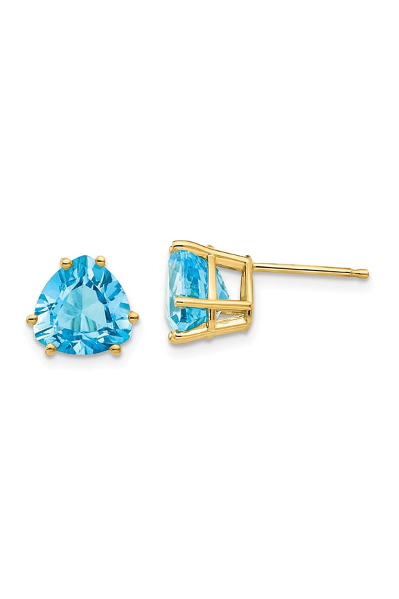 14K Yellow Gold Earring Stud Women'S Swiss Blue Topaz Center Stone Mounting Trillion 9 mm