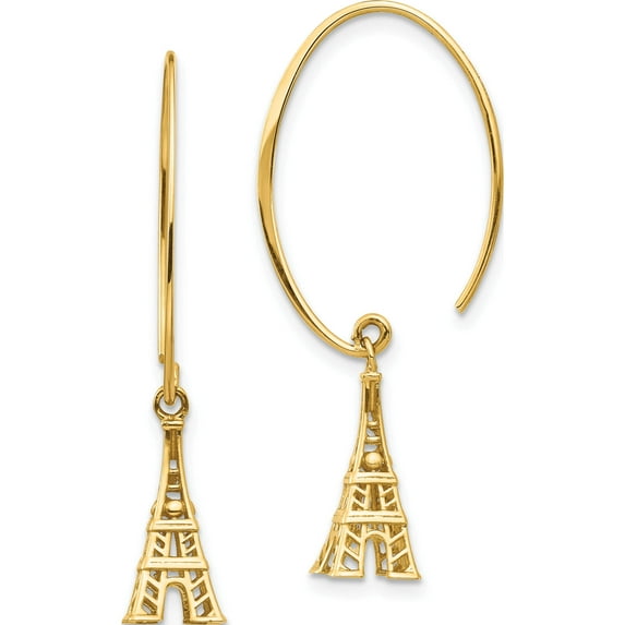 14K Yellow Gold Eiffel Tower Dangle Earrings (34.8 X 14.59) Made In Turkey th1003