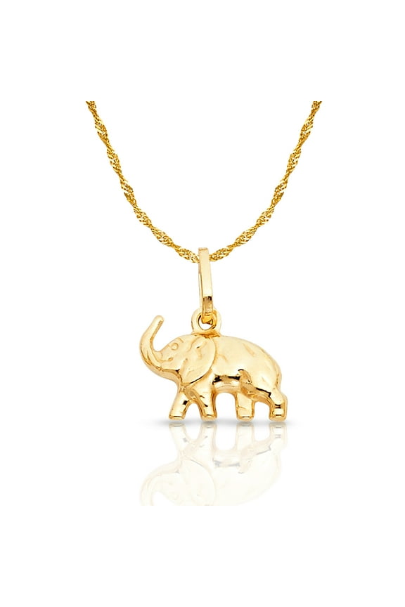 14K Yellow Gold Elephant Strength & Luck Charm Pendant with 0.9mm Singapore Chain Necklace - 20"