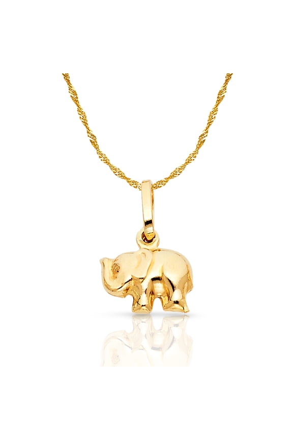 14K Yellow Gold Elephant Strength & Luck Charm Pendant with 0.9mm Singapore Chain Necklace - 20"