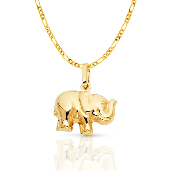 14K Yellow Gold Elephant Strength & Luck Charm Pendant with 1.2mm Figaro 3+1 Chain Necklace - 16"
