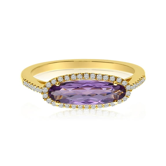 14K Yellow Gold Elongated Oval Amethyst and Diamond Ring