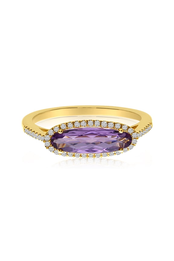14K Yellow Gold Elongated Oval Amethyst and Diamond Ring
