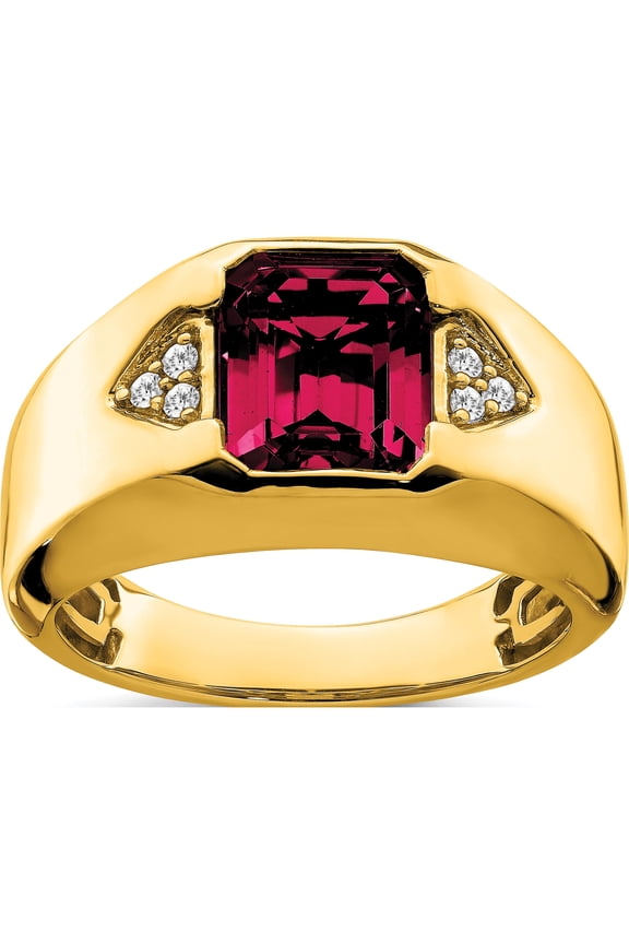 14K Yellow Gold IB Goodman 14K 10x8mm Emerald-cut Lab-Created Ruby and 1/10 carat Diamond Mens Ring
