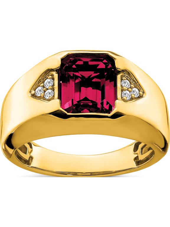14K Yellow Gold IB Goodman 14K 10x8mm Emerald-cut Lab-Created Ruby and 1/10 carat Diamond Mens Ring