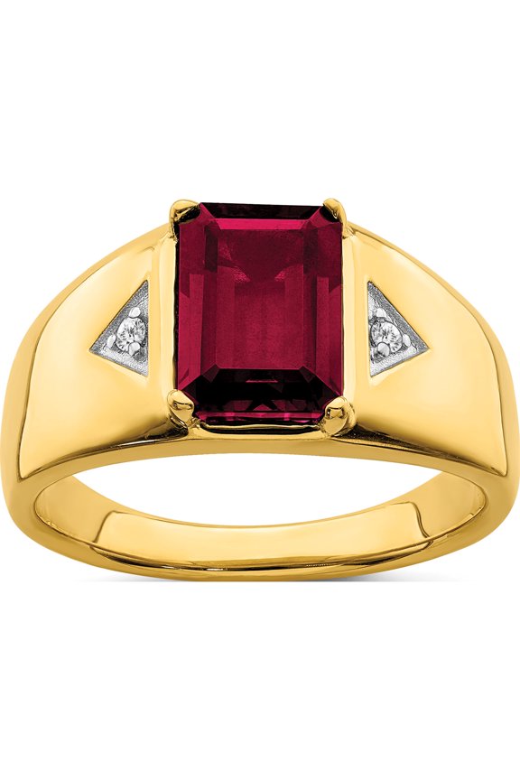 14K Yellow Gold Emerald-Cut Created Ruby And Diamond Polished Mens Ringsize 10 (Width 3 To 11.5) - Jbsp