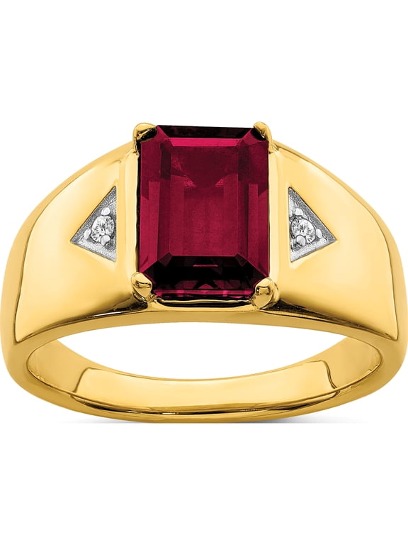 14K Yellow Gold IB Goodman 14K 10x7mm Emerald-cut Lab-Created Ruby and 1/20 carat Diamond Polished Mens Ring