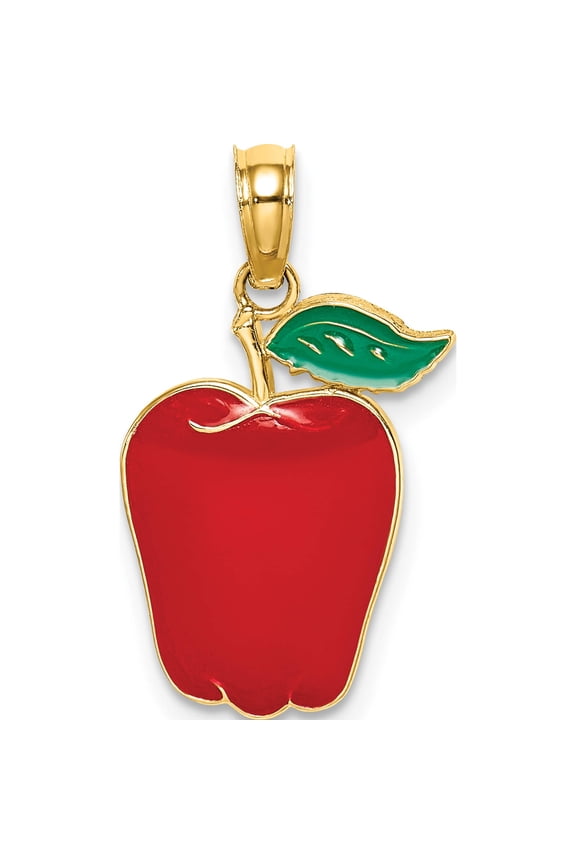 14K Yellow Gold Enameled Red Delicious Apple with Stem and Leaf Charm