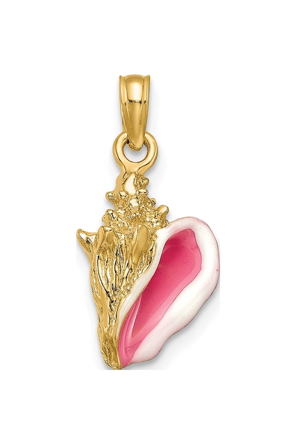 14K Yellow Gold Pink and White Enameled 3-D Conch Shell Pendant