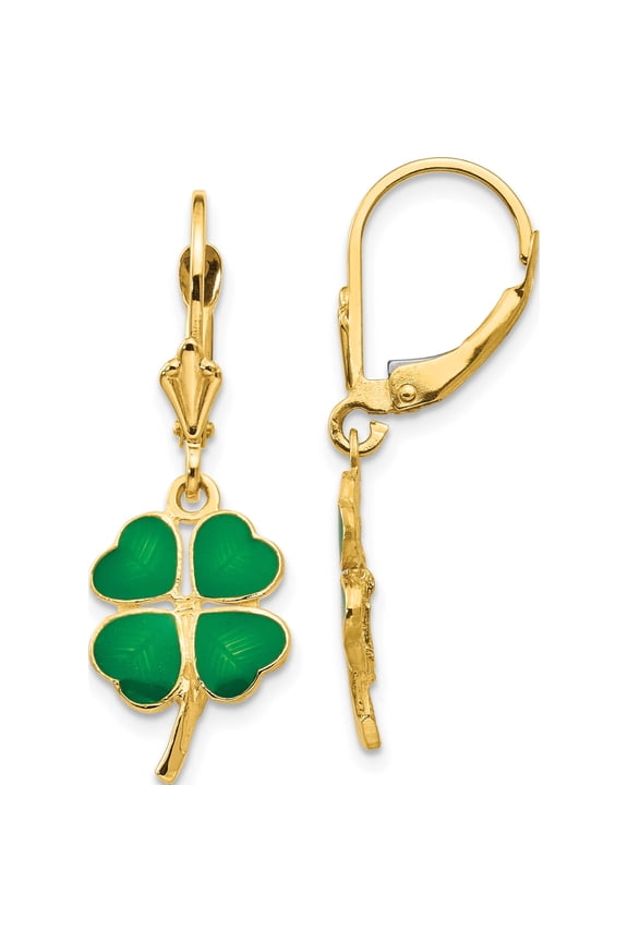 14K Yellow Gold Enameled Clover Leverback Earrings (33 X 11) Made In United States fb585e