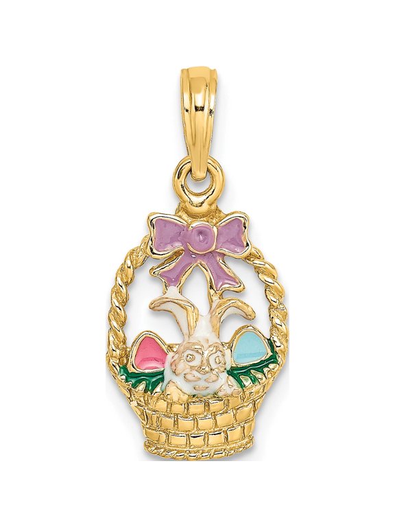 14K Yellow Gold Enameled Easter Basket with Bunny/Bow/Eggs Charm