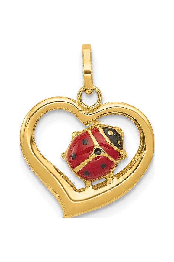 14K Yellow Gold Enameled Ladybug In Heart Charm (18 X 14) Made Italy xac852