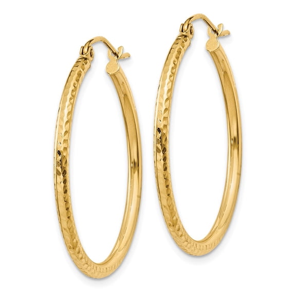 14K Yellow Gold Engraved Diamond Cut 1.20 inch Round Hoop Earrings