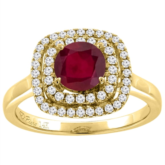 14K Yellow Gold Enhanced Genuine Ruby Double Halo Diamond Engagement Ring Round 7 mm, size 10