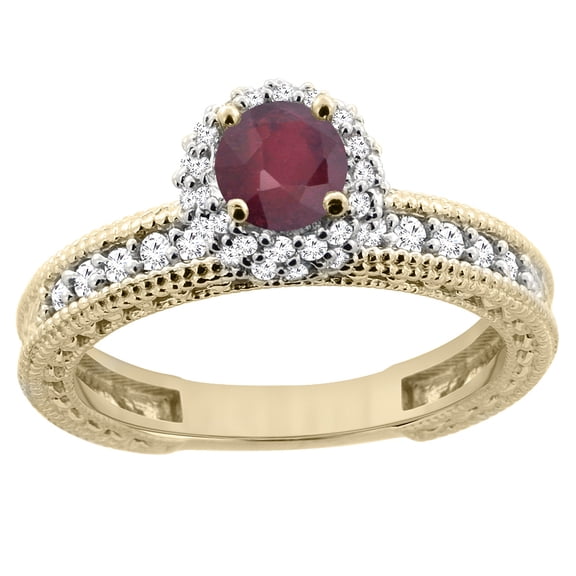 14K Yellow Gold Enhanced Genuine Ruby Round 5mm Engagement Ring Diamond Accents, size 7