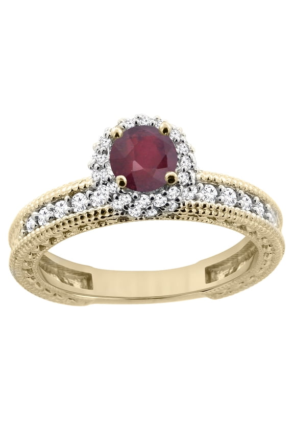 14K Yellow Gold Enhanced Genuine Ruby Round 5mm Engagement Ring Diamond Accents, size 8