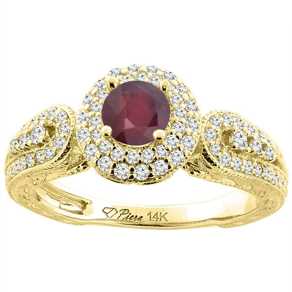 14K Yellow Gold Enhanced Ruby & Diamond Halo Ring Round 5 mm, size 9
