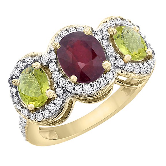 14K Yellow Gold Enhanced Ruby & Lemon Quartz 3-Stone Ring Oval Diamond Accent, size 7.5