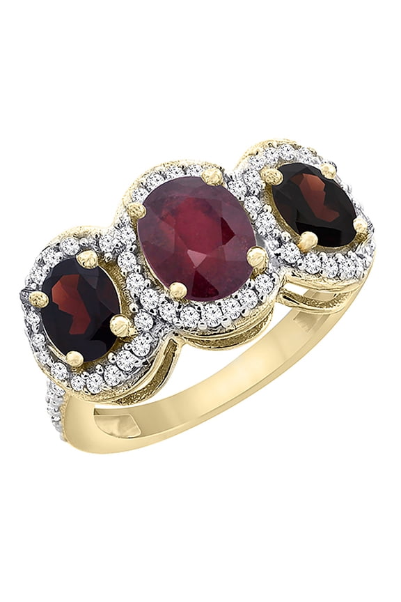 14K Yellow Gold Enhanced Ruby & Natural Garnet 3-Stone Ring Oval Diamond Accent, size 5