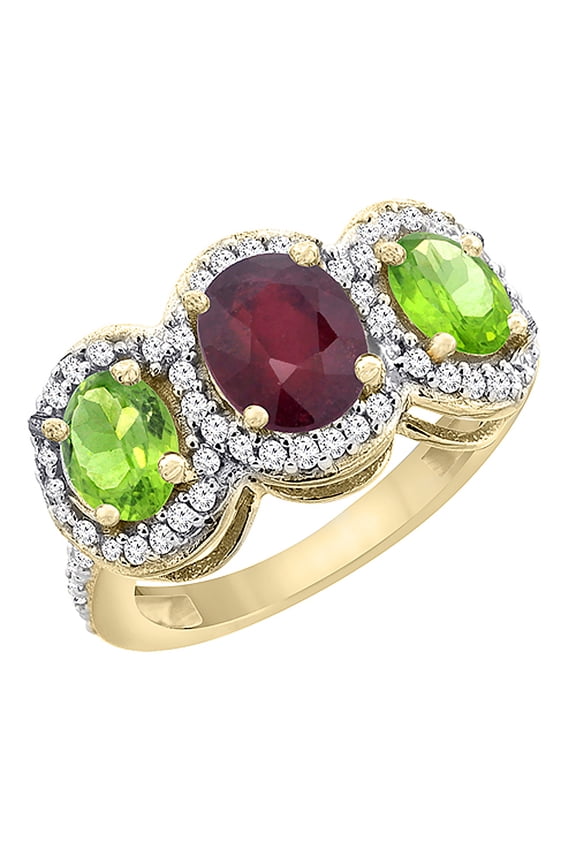 14K Yellow Gold Enhanced Ruby & Peridot 3-Stone Ring Oval Diamond Accent, size 10