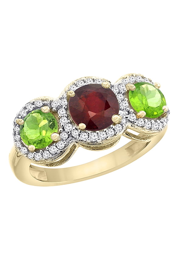 14K Yellow Gold Enhanced Ruby & Peridot Sides Round 3-stone Ring Diamond Accents, size 5