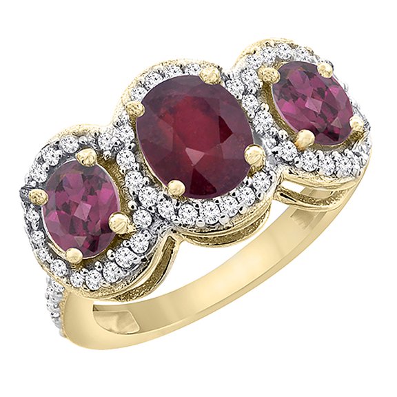14K Yellow Gold Enhanced Ruby & Rhodolite 3-Stone Ring Oval Diamond Accent, size 9.5