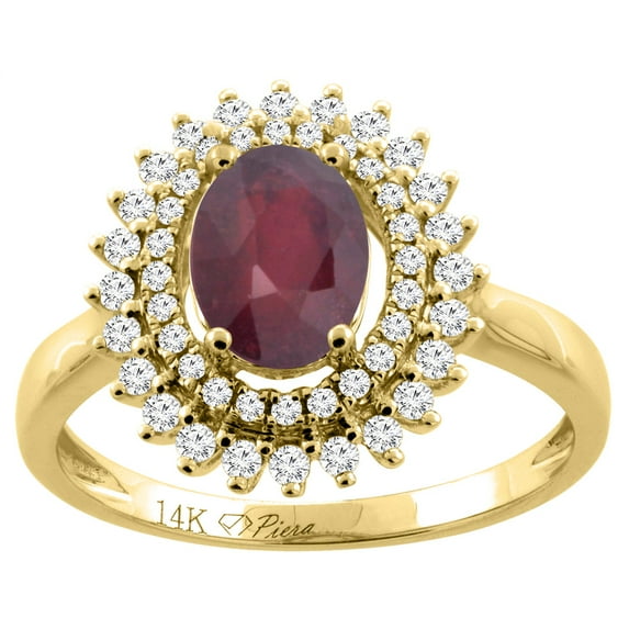 14K Yellow Gold Enhanced Ruby Ring Oval 8x6 mm Double Halo Diamond Accents, size 6