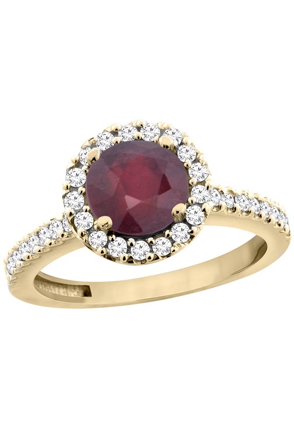 14K Yellow Gold Enhanced Ruby Ring Round 6mm Floating Halo Diamond, size 7.5