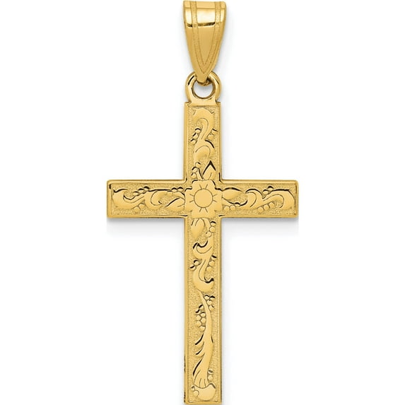 14K Yellow Gold Etched Floral Cross Pendant (28 X 15) Made In United States xr138