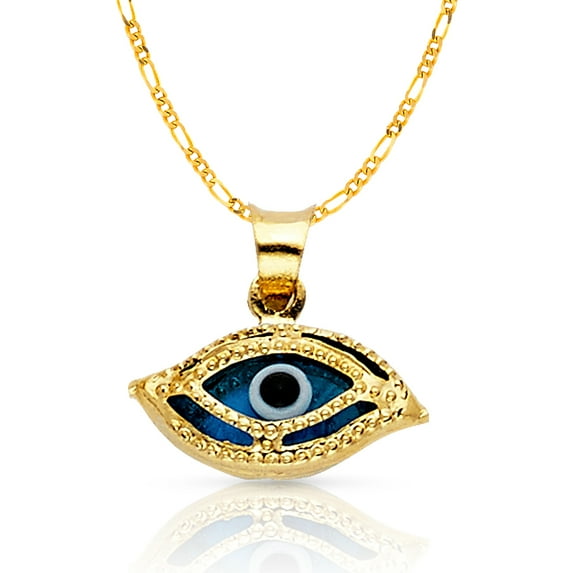 14K Yellow Gold Evil Eye Charm Pendant with 1.2mm Figaro 3+1 Chain Necklace - 18"
