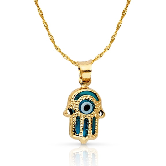 14K Yellow Gold Evil Eye Hamsa Charm Pendant with 0.9mm Singapore Chain Necklace - 22"