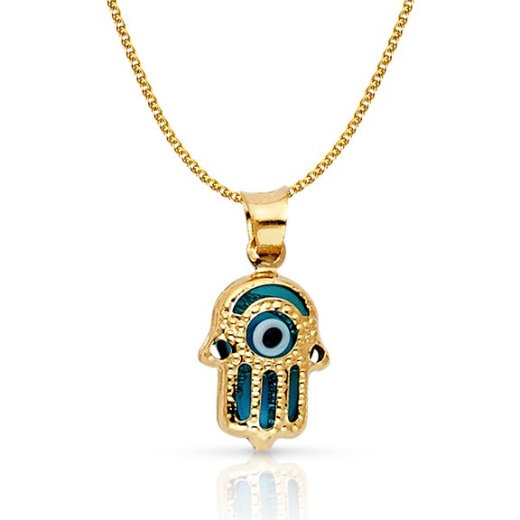 14K Yellow Gold Evil Eye Hamsa Charm Pendant with 1.2mm Flat Open Wheat Chain Necklace - 22"