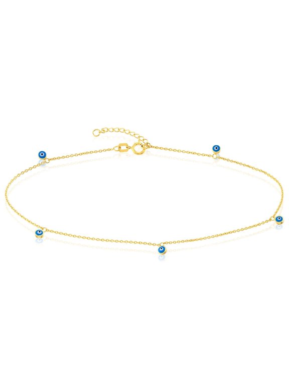 14K Yellow Gold Evil Eye Stations Cable Chain Ankle Bracelet (Solid Links) 9"-10" Adjustable