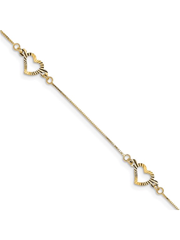 14K Yellow Gold Fancy Textured Open Heart 3-Station 7.25 inch Bracelet