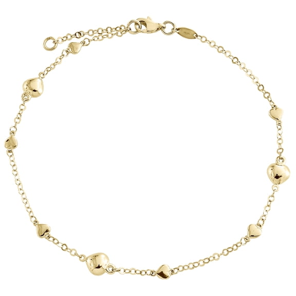 14K Yellow Gold Fancy Link Chain Statement 5mm Puff Heart Charm Anklet 9"+1" Ext