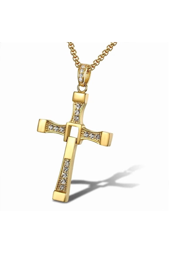 14K Yellow Gold Fast and Furious Movies Actor Dominic Toretto Rhinestone Cross Crystal Pendant Chain Necklace Men Jewelry