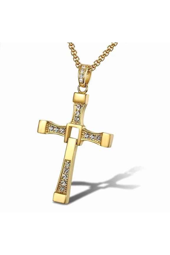 14K Yellow Gold Fast and Furious Movies Actor Dominic Toretto Rhinestone Cross Crystal Pendant Chain Necklace Men Jewelry