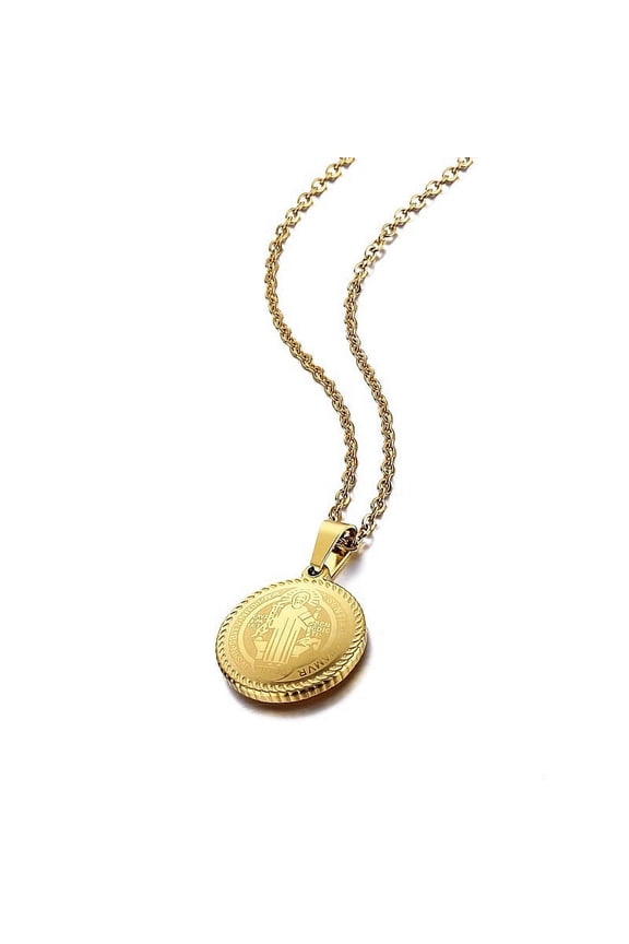 14K Yellow Gold Father Saint Benedict Round Medal Pendant Necklace for Men Women Simplicity Personality Exorcist Jewelry Gifts