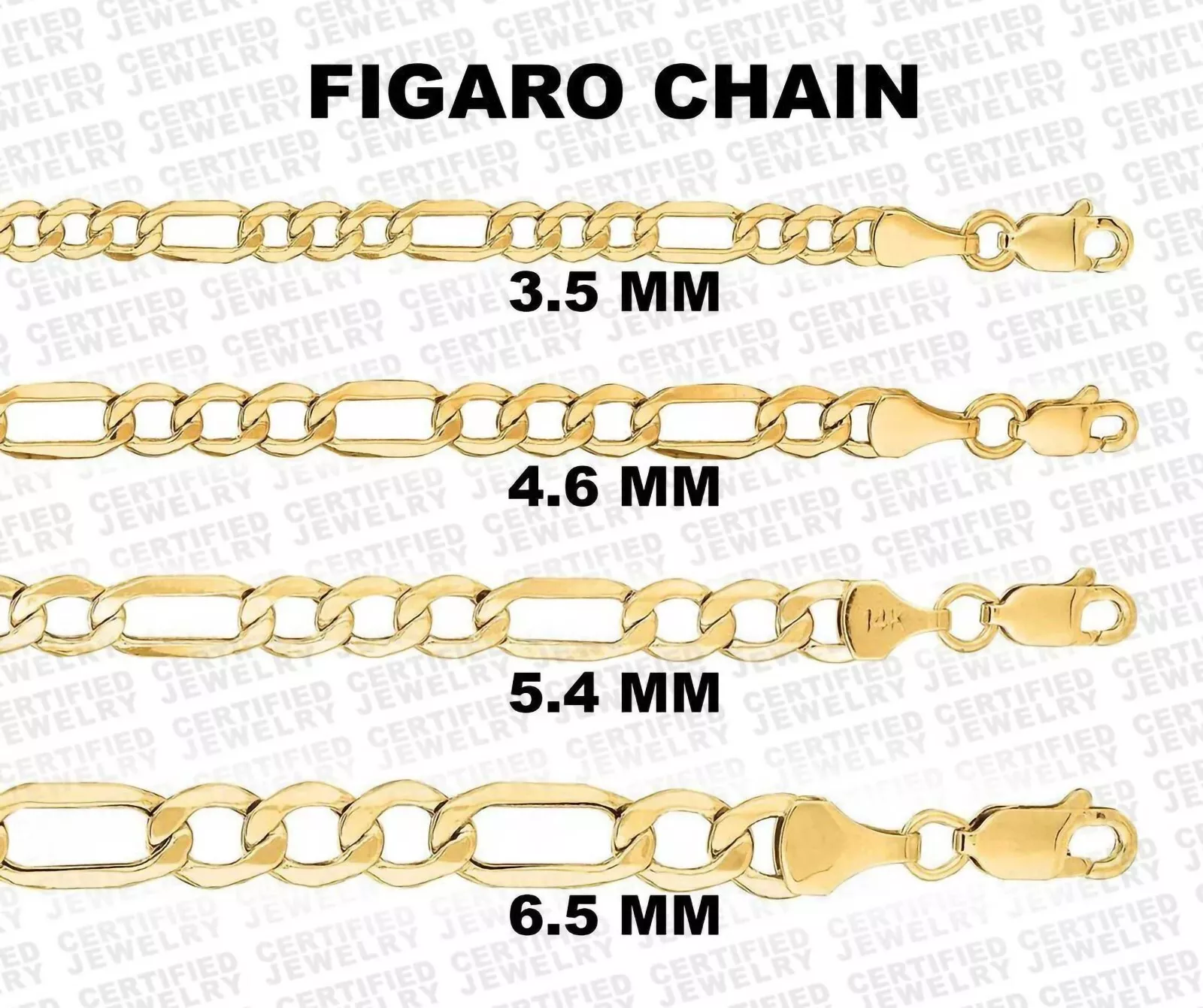 14K Yellow Gold Figaro Chain, 18" 20" 24" Inch, 3.5MM To 6.5MM Wide