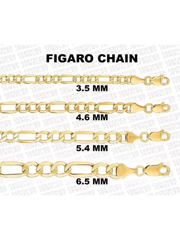 14K Yellow Gold Figaro Chain, 18" 20" 24" Inch, 3.5MM To 6.5MM Wide