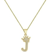 KING CROWN JEWELERS 14K Yellow Gold Finish 1.00 Cwt. Simulated Diamond Crown Initial Letter Alphabet J Unisex Charm Pendant Rope Chain Neckless Set Small 1.5''