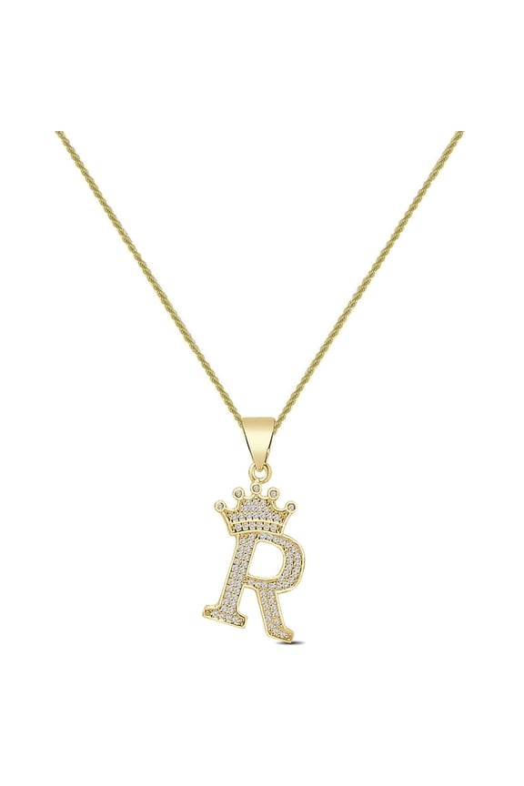 14K Yellow Gold Finish 1.00 Cwt. Simulated Diamond Crown Initial Letter Alphabet R Unisex Charm Pendant Rope Chain Neckless Set Small 1.5''
